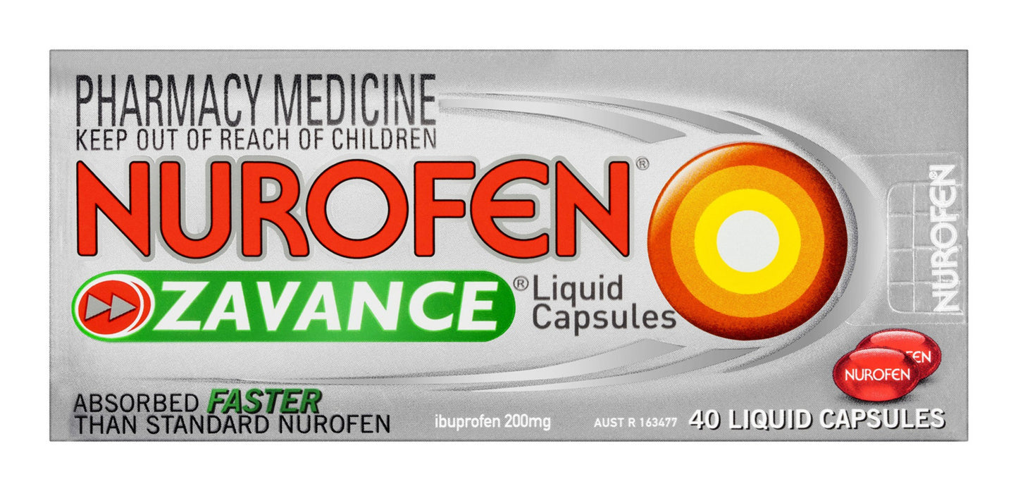 Nurofen Zavance ibuprofen liquid capsules 40 pack for fast pain relief - Baillie & Lewis Pharmacy Invercargill