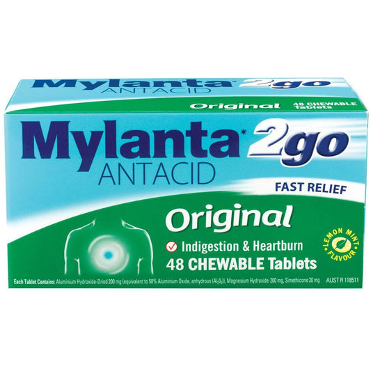 Mylanta 2Go original antacid tablets 48 pack for indigestion relief - Baillie & Lewis Pharmacy Invercargill