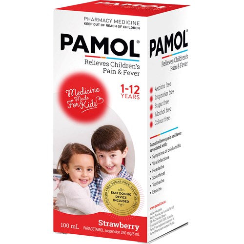 Pamol all ages strawberry colour-free paracetamol liquid 100ml for children - Invercargill Pharmacy