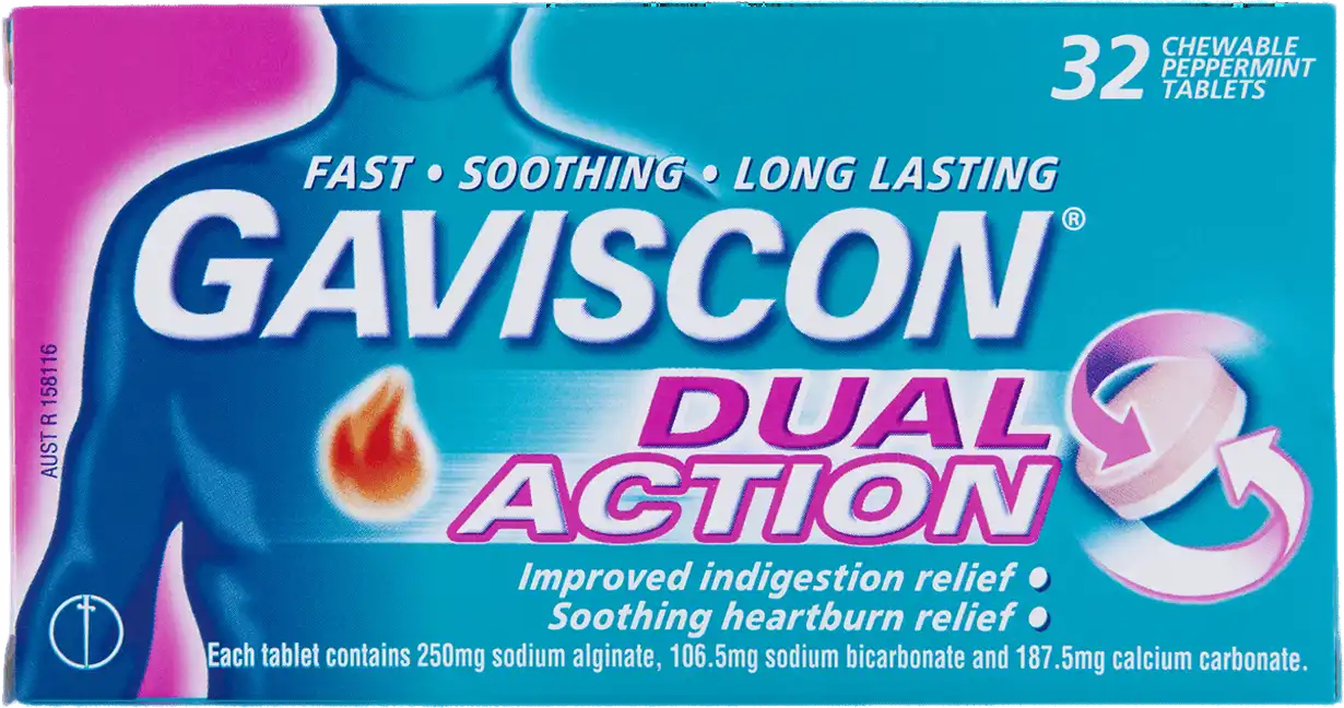Gaviscon dual action peppermint tablets 32 pack for heartburn and indigestion - Invercargill Pharmacy